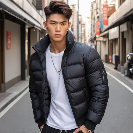 Prompt: A handsome Japanese delinquent young man, 190 cm tall, muscular build, wearing a stylish black puffer jacket over a fitted white t-shirt and tapered joggers. He showcases strong tan skin and a chiseled jawline, with a fierce expression and wild gaze. A few earrings and a single chain enhance his confident vibe, set against a dimly lit urban background with hints of snow and bare trees.