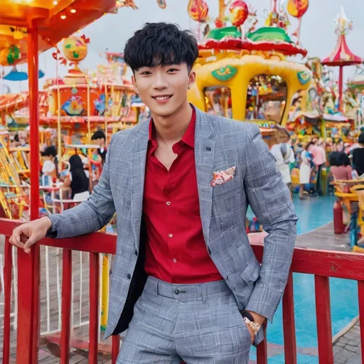 Prompt: <mymodel> photorealism,8K, happy expression on his face, Drinks with straws in an amusement park.,hot young asian man,asian idol,20 years old,taller, very low body fat,Colorful muscle,clean jaw,big eyes,(black hair ,red streaked hair,short hair style,have bangs), fullbody, pendants,luxurious tight-fitting plaid suit