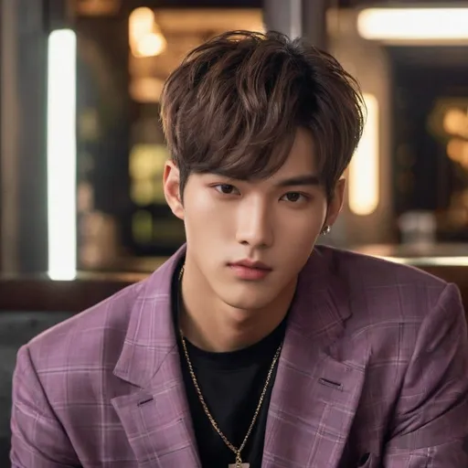 Prompt: 1 tall 20-year-old male, (short bowl cut:1.3), (handsome:1.3), (light Korean idol-style makeup:1.4), (lean and muscular:1.6), 
(sitting next to you in a luxurious, dimly lit bar, wearing a tight checkered suit, emphasizing his broad shoulders and defined abs), 
(dark, moody lighting with deep purples and soft, shimmering reflections from scattered light sources, casting subtle highlights on his sharp features), 
(his gaze locked on you, subtle sweat enhancing the definition of his toned muscles), photorealistic, ultra detailed, soft shadows