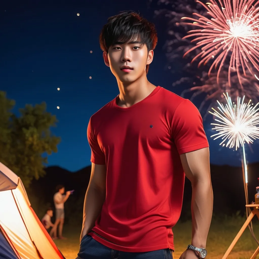 Prompt: photorealism,8K,
Playing with fireworks happily at the campsite at night,from front,Fireworks in hand,
hot young asian man,asian idol,20 years old,
clean jaw,big eyes,(black hair ,red streaked hair,short hair style,have bangs),
taller, very low body fat,muscle,
fullbody,
pendants,luxuriou scasual clothing