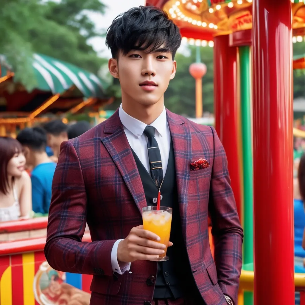 Prompt: photorealism,8K, happy expression on his face, Drinks with straws in an amusement park.,hot young asian man,asian idol,20 years old,taller, very low body fat,Colorful muscle,clean jaw,big eyes,(black hair ,red streaked hair,short hair style,have bangs), fullbody, pendants,luxurious tight-fitting plaid suit