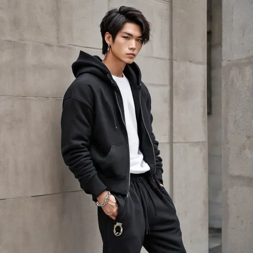 Prompt: A Japanese delinquent young man, 190 cm tall, muscular build, leaning against a wall in a winter setting, wearing a stylish oversized black hoodie and baggy dark joggers, strong tan skin, fierce expression, wild gaze, adorned with a few earrings and a single chain, creating a relaxed yet confident vibe as if on a winter date, set against a dimly lit urban background with hints of winter scenery like snow or bare trees.