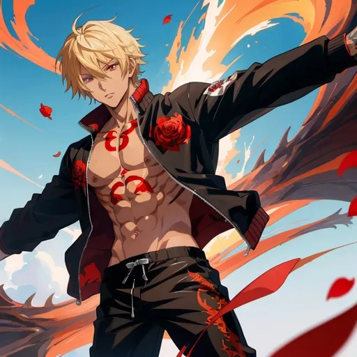 Prompt: Anime style, looking at viewer, POV shot, very tall, tattoos all over body, tanned skin, slim and muscular young Japanese handsome man, blonde very short hair, red eyes,
Black bomber jacket with white dragon print, dark coloured sweatpants, black boots,
Roses, petals, dynamic pose, dynamic angle.