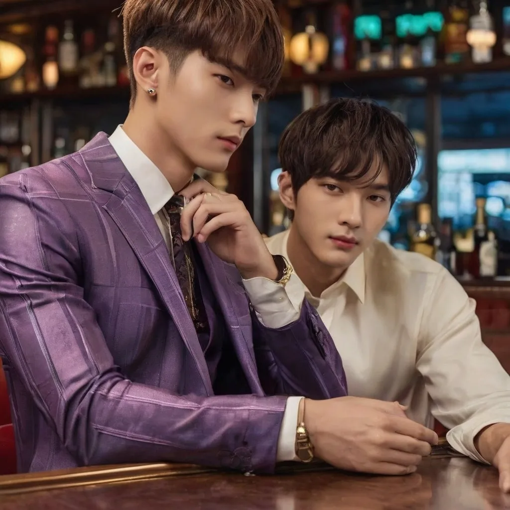 Prompt: 1 tall 20-year-old male, (short bowl cut:1.3), (handsome:1.3), (light Korean idol-style makeup:1.4), (lean and muscular:1.6), 
(sitting next to you in a luxurious, dimly lit bar, smiling warmly with a charming expression, wearing a tight checkered suit that emphasizes his broad shoulders and defined abs), 
(dark, moody lighting with deep purples and soft, shimmering reflections from scattered light sources, enhancing his sharp features), 
(his confident gaze locked on you, subtle sweat accentuating the definition of his toned muscles), photorealistic, ultra detailed, soft shadows