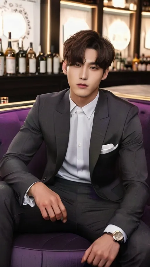 Prompt: 1 tall 20-year-old male, (short bowl cut:1.3), (handsome:1.3), (light Korean idol-style makeup:1.4), (lean and muscular:1.6), 
(sitting next to you in a luxurious bar, wearing a tight checkered suit, emphasizing his broad shoulders and defined abs), 
(dark, moody lighting with deep purples, casting shadows on his sharp features), 
(his gaze locked on you, subtle sweat highlighting his toned muscles), photorealistic, ultra detailed, soft shadows