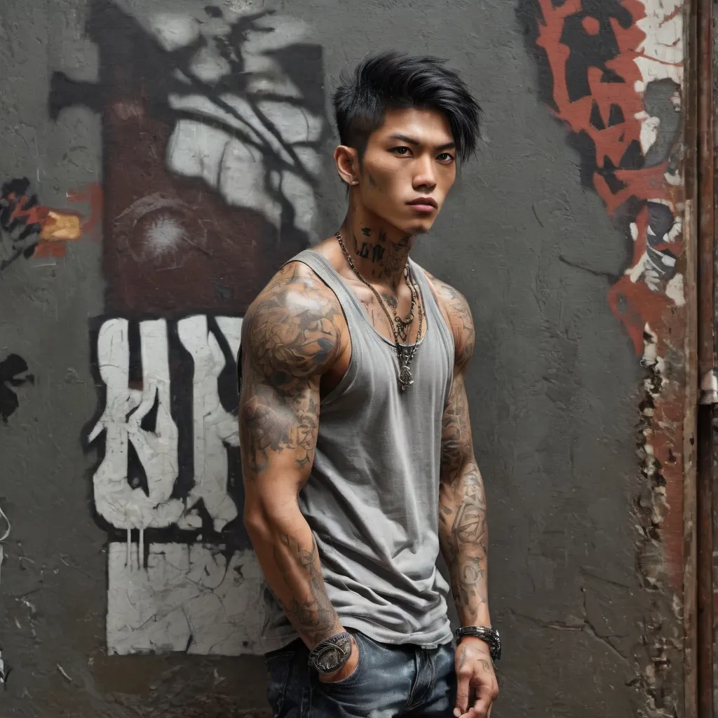 Prompt: photorealistick, very handsome Japanese ,(delinquent:1.4) ,menacing expression, 190 cm tall, (muscular: 1.4), very dark tanned skin, wearing baggy pants and a tight-fitting stylish top, wild eyes, chains, tattooed arms, abandoned warehouse, broken windows, dark corners, graffiti on walls