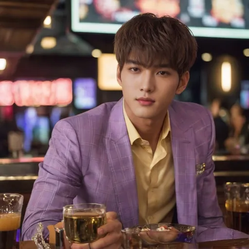 Prompt: 1 tall 20-year-old male, (short bowl cut:1.3), (handsome:1.3), (light Korean idol-style makeup:1.4), (lean and muscular:1.6), 
(sitting next to you in a luxurious, dimly lit bar, smiling warmly with a charming expression, wearing a tight checkered suit that emphasizes his broad shoulders and defined abs), 
(dark, moody lighting with deep purples and soft, shimmering reflections from scattered light sources, enhancing his sharp features), 
(his confident gaze locked on you, subtle sweat accentuating the definition of his toned muscles), photorealistic, ultra detailed, soft shadows