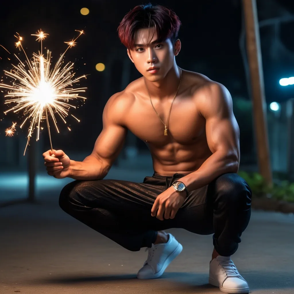 Prompt: photorealism,8K,
Squatting at night with a sparkler in his hand,from front,
hot young asian man,asian idol,20 years old,
clean jaw,big eyes,(black hair ,red streaked hair,short hair style,have bangs),
taller, very low body fat,muscle,
fullbody,
pendants,luxuriou scasual clothing