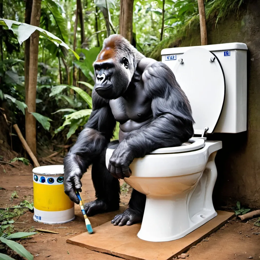 Prompt: a gorilla painting a big skibidi toilet