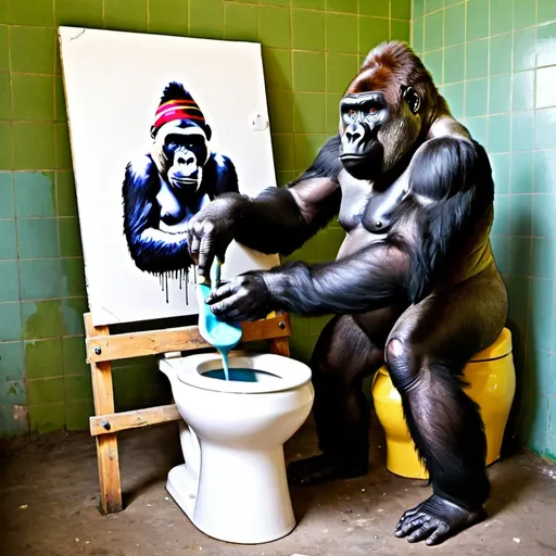Prompt: a gorilla painting a big skibidi toilet
