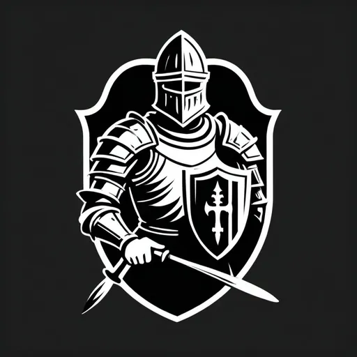 Prompt: Generate a 2D b/w logotype that presents a medieval knight holding a brush instead of a sword and paint palette instead of a shield. 
