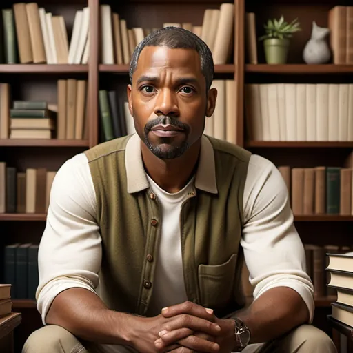 Prompt: "A thoughtful, calm, and inspirational black man character in their mid-30s to early 40s, exuding wisdom and empathy. They have short, neat hair, dressed in simple, elegant clothing in earth tones like beige or olive green. The character sits in a cozy, minimalist study surrounded by bookshelves filled with philosophical texts, plants, and soft lighting. They have a serene yet focused expression, gently smiling as if contemplating deep thoughts. Their environment feels peaceful and reflective, with natural light streaming in from a window, creating a calm and inviting atmosphere. The character radiates an aura of wisdom, calmness, and grounded energy, offering a sense of inspiration and guidance."