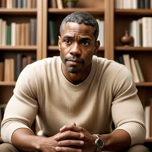 Prompt: "A thoughtful, calm, and inspirational black man character in their mid-30s to early 40s, exuding wisdom and empathy. They have short, neat hair, dressed in simple, elegant clothing in earth tones like beige or olive green. The character sits in a cozy, minimalist study surrounded by bookshelves filled with philosophical texts, plants, and soft lighting. They have a serene yet focused expression, gently smiling as if contemplating deep thoughts. Their environment feels peaceful and reflective, with natural light streaming in from a window, creating a calm and inviting atmosphere. The character radiates an aura of wisdom, calmness, and grounded energy, offering a sense of inspiration and guidance."