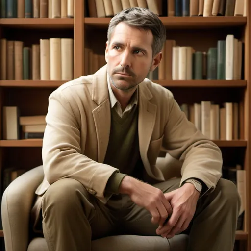 Prompt: "A thoughtful, calm, and inspirational man character in their mid-30s to early 40s, exuding wisdom and empathy. They have short, neat hair, dressed in simple, elegant clothing in earth tones like beige or olive green. The man  character sits in a cozy, minimalist study surrounded by bookshelves filled with philosophical texts, plants, and soft lighting. They have a serene yet focused expression, gently smiling as if contemplating deep thoughts. Their environment feels peaceful and reflective, with natural light streaming in from a window, creating a calm and inviting atmosphere. The character radiates an aura of wisdom, calmness, and grounded energy, offering a sense of inspiration and guidance."