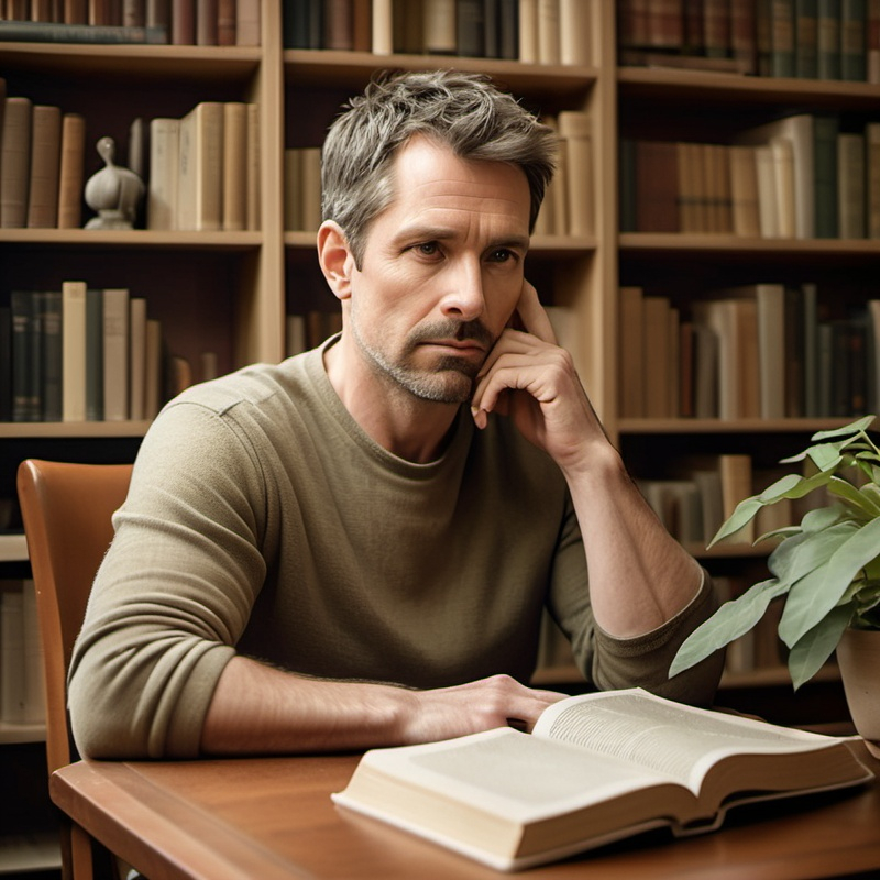 Prompt: "A thoughtful, calm, and inspirational man character in their mid-30s to early 40s, exuding wisdom and empathy. They have short, neat hair, dressed in simple, elegant clothing in earth tones like beige or olive green. The man  character sits in a cozy, minimalist study surrounded by bookshelves filled with philosophical texts, plants, and soft lighting. They have a serene yet focused expression, gently smiling as if contemplating deep thoughts. Their environment feels peaceful and reflective, with natural light streaming in from a window, creating a calm and inviting atmosphere. The character radiates an aura of wisdom, calmness, and grounded energy, offering a sense of inspiration and guidance."