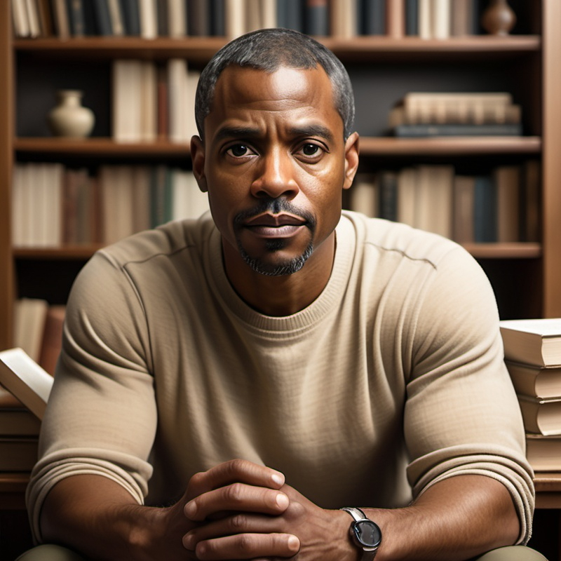 Prompt: "A thoughtful, calm, and inspirational black man character in their mid-30s to early 40s, exuding wisdom and empathy. They have short, neat hair, dressed in simple, elegant clothing in earth tones like beige or olive green. The character sits in a cozy, minimalist study surrounded by bookshelves filled with philosophical texts, plants, and soft lighting. They have a serene yet focused expression, gently smiling as if contemplating deep thoughts. Their environment feels peaceful and reflective, with natural light streaming in from a window, creating a calm and inviting atmosphere. The character radiates an aura of wisdom, calmness, and grounded energy, offering a sense of inspiration and guidance."