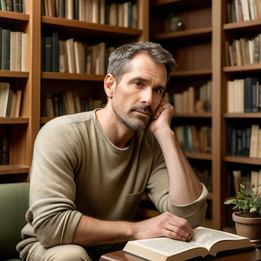 Prompt: "A thoughtful, calm, and inspirational man character in their mid-30s to early 40s, exuding wisdom and empathy. They have short, neat hair, dressed in simple, elegant clothing in earth tones like beige or olive green. The man  character sits in a cozy, minimalist study surrounded by bookshelves filled with philosophical texts, plants, and soft lighting. They have a serene yet focused expression, gently smiling as if contemplating deep thoughts. Their environment feels peaceful and reflective, with natural light streaming in from a window, creating a calm and inviting atmosphere. The character radiates an aura of wisdom, calmness, and grounded energy, offering a sense of inspiration and guidance."