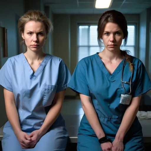 Prompt: two Caucasian nurses in scrub dress handcuffed in back 