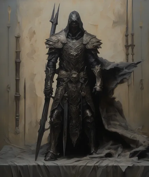 Prompt: oil paint,evil black spear,muted colors, intricate details, neutral backdrop