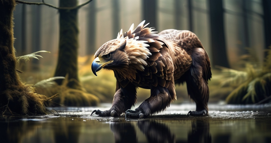 Prompt: Eagle-bear hybrid in a mystical forest, animal hybrid of an eagle and a bear, mix of bear and eagle, high quality, atmospheric lighting