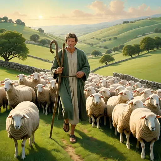 Prompt: symbolic representation of (Peter carrying a shepherd's staff), leading a flock of sheep through a (narrow gate) into a (tranquil pasture), soft warm light, lush green grass, gentle rolling hills in the background, serene and peaceful ambiance, highly detailed and reflective textures, (ultra-detailed) quality for a vivid portrayal.