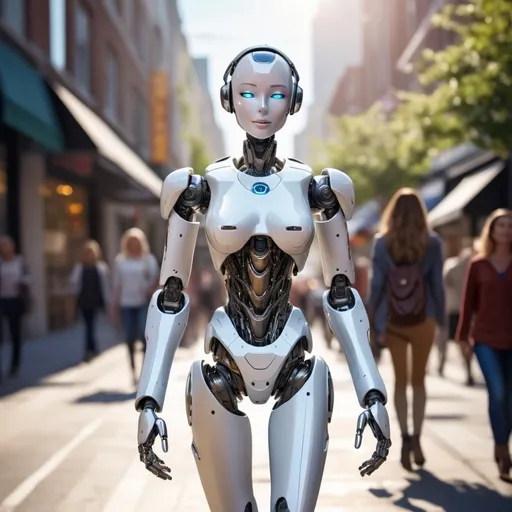 Prompt: (a humanoid robot), walking down a bustling high street, (detailed clothing) adorned with modern fashion elements, natural lighting highlighting her features, vibrant city atmosphere, pedestrians in the background, urban architecture, sunlight casting soft shadows, realistic proportions, capturing a moment of casual grace, high quality, ultra-detailed, immersive scene.