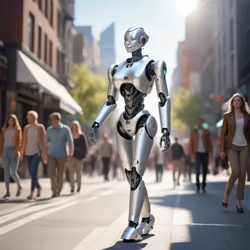 Prompt: (a humanoid robot), walking down a bustling high street, (detailed clothing) adorned with modern fashion elements, natural lighting highlighting her features, vibrant city atmosphere, pedestrians in the background, urban architecture, sunlight casting soft shadows, realistic proportions, capturing a moment of casual grace, high quality, ultra-detailed, immersive scene.