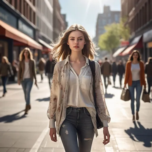 Prompt: (tall young woman), walking down a bustling high street, (detailed clothing) adorned with modern fashion elements, natural lighting highlighting her features, vibrant city atmosphere, pedestrians in the background, urban architecture, sunlight casting soft shadows, realistic proportions, capturing a moment of casual grace, high quality, ultra-detailed, immersive scene.