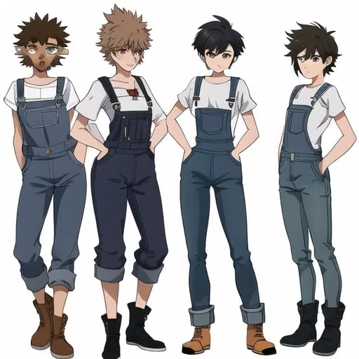 Prompt: anthropomorphic, anthro, teenager, antro tomboy, messy hair, short hair, very short hair, hair back, overalls, boots, jeans, big pants, canine woman, furry