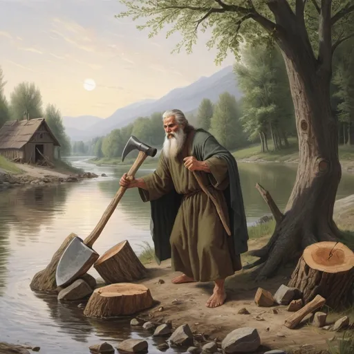 Prompt:  Prophet chopping wood with axe by river