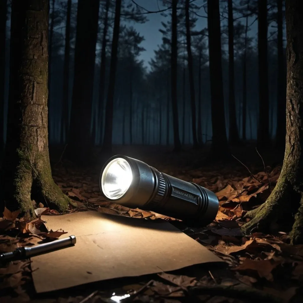 Prompt: Draw a flashlight laying on the floor in the dark woods