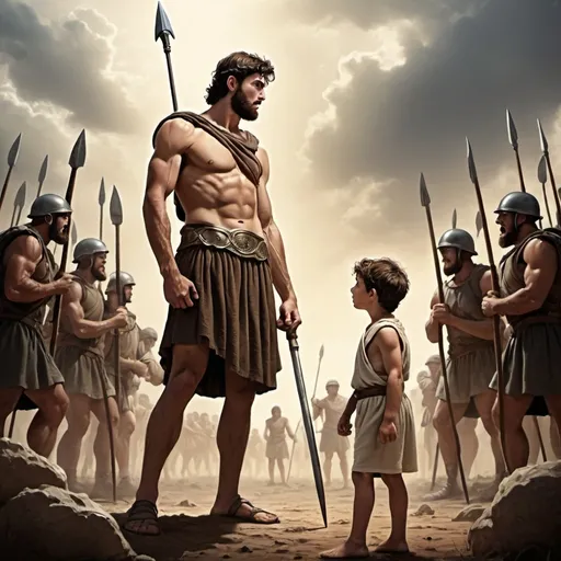 Prompt: Create an image of the biblical scene where David, a young shepherd boy, faces Goliath, a giant warrior. David should be holding a sling, looking determined, while Goliath is towering over him with a menacing expression, holding a large spear. The setting should be a battlefield with other soldiers watching in awe.