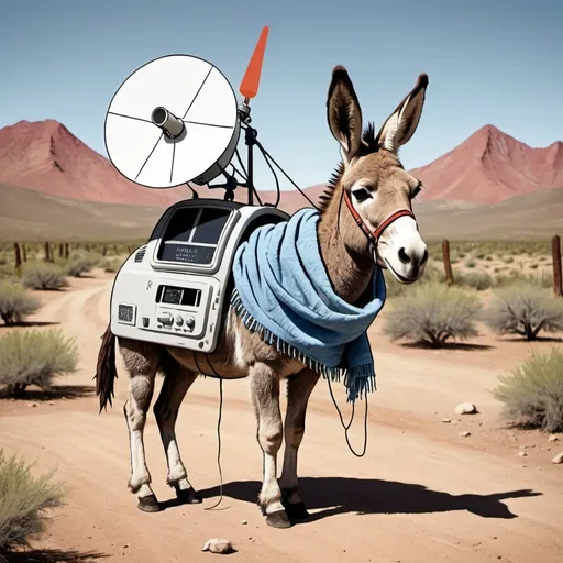 Prompt: Side view of a cartoon burro wearing a hat with satellite antenna and a blanket that says Radio Communications 