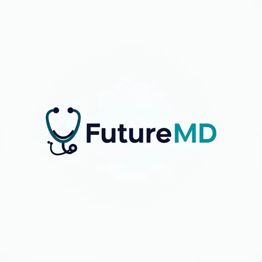 Prompt: "A clean, modern logo design featuring the text 'FutureMD' in bold, sleek font. Incorporate a minimal stethoscope subtly wrapped around the text or forming part of a letter (like the 'M' or 'D'). Use a professional color scheme with medical blues, whites, and a touch of silver or teal. Include a simple medical symbol (like a caduceus or heartbeat line) in the background or integrated into the design. The style should be clear, professional, and easily recognizable at small sizes."