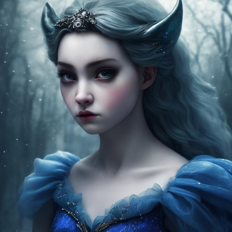 Prompt: color photo of "a modern-day Cinderella with a touch of darkness, featuring deep, haunting eyes and a face filled with sadness. She stands in a contemporary setting, wearing a unique and edgy interpretation of Cinderella's iconic attire. The photo captures her internal struggle, as she embodies both the innocent fairy tale character and a hint of a devilish nature. Her expression tells a story of inner turmoil, reflecting the complexities of her modern journey" —c 10 —ar 2:3