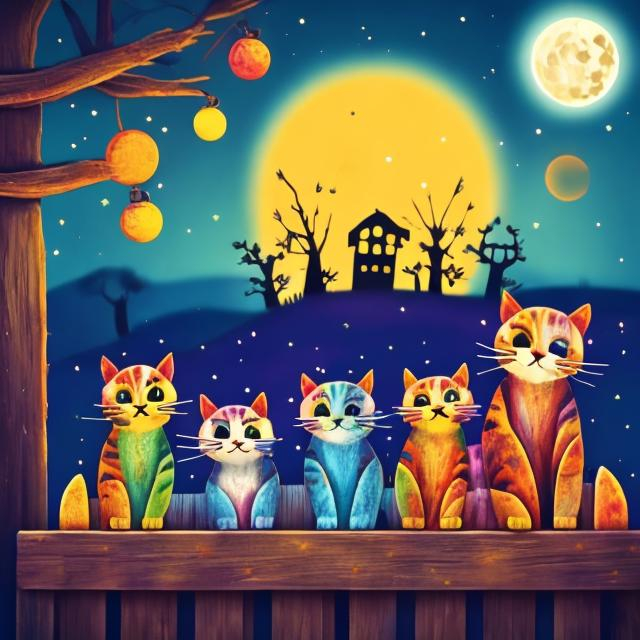 Prompt: Colorful happy cats sitting on a wooden fence in front a country field with a full moon behind them.