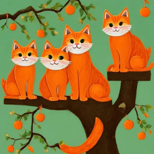 Prompt: Three happy orange cats sitting in an oak tree.