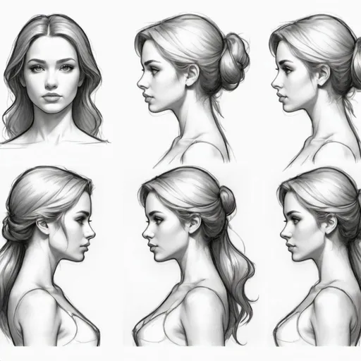 Prompt: create an orthographic sketch of a beautiful woman. I need side, front and back profiles that evenly in scale. draw the whole body