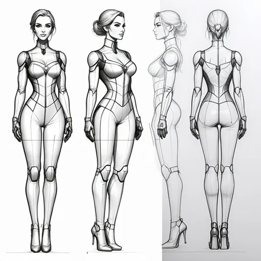 Prompt: create an orthographic sketch of a beautiful woman. I need a side, front, and back profiles that evenly in scale. draw the whole body