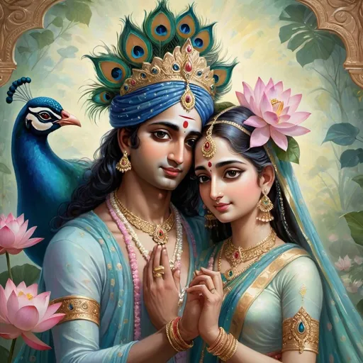 Prompt: A beautiful and ethereal portrait of Hindu Goddess Radha and Hindu God Krishna. Radha and Krishna are depicted in a tender and loving embrace, radiating serenity and divine love. Krishna, with his peacock feathered golden crown and flowing robes, gently plays the flute, while Radha, adorned in intricate jewelry and a delicate saree, gazes lovingly at him. The background is filled with swirling, mystical patterns, soft pastel hues, and symbolic elements like lotus flowers and peacock feathers, blending seamlessly into the figures