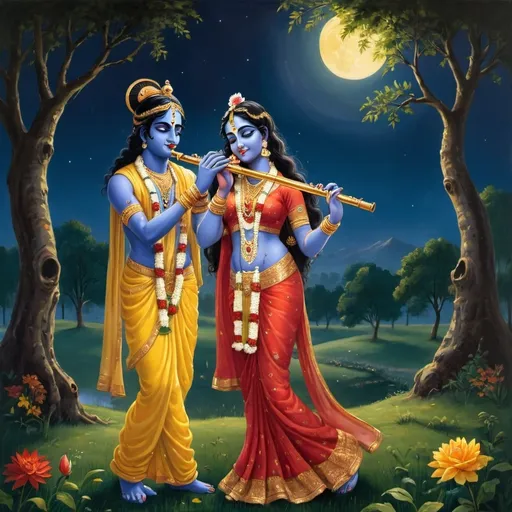 Prompt: An image depicting the revered divine figures Radha and Krishna from Indian mythology. Krishna is represented as a young adult male with dark-blue skin playing a mesmerizing tune on his flute. He is dressed in traditionally rich, yellow attire. Radha, a young adult female of South Asian descent, stands close to Krishna, listening to his calming tunes. She is wearing a bright red saree embellished with beautiful gold trim. The scene is set in a serene meadow with lush green trees and vibrant colorful flowers under the soothing moonlight