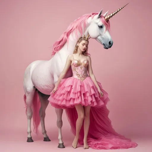 Prompt: a unicorn with a pink dress and human body

