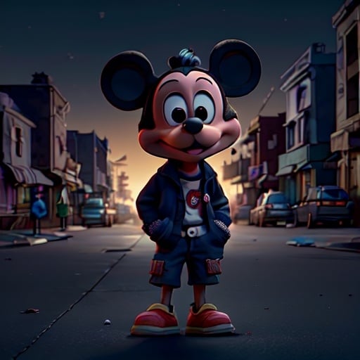 Prompt: a homeless and sad mickey mouse, smoking a cigarette, in a dark and dirty street, with just a light in the middle of the night