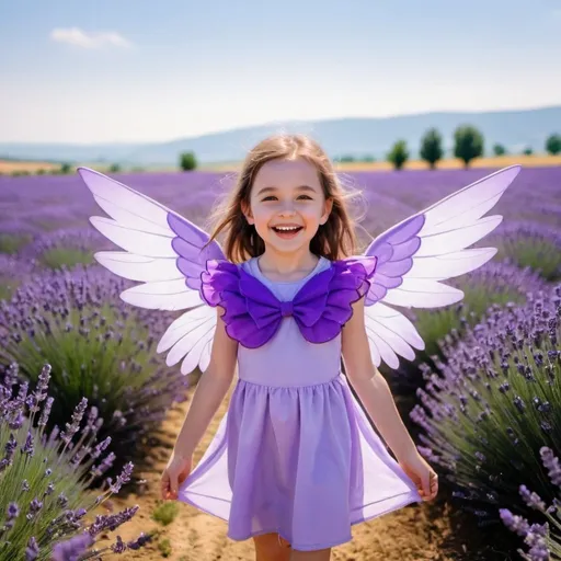 Prompt: A happy girl with purple wings in a lavender field