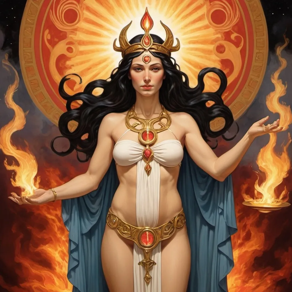 Prompt: behold the goddess promethea, fire, caduceus, divine power, female power, much clothing