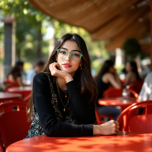 Prompt: Bathed in soft sunlight, a young woman sits at a vibrant red table, her expression thoughtful as she rests her chin on her hands. She wears a stylish black long-sleeve top layered beneath a patterned sleeveless dress, accentuated by delicate gold chains around her neck. Her long, dark hair cascades over her shoulders, and she sports light green glasses that give her a scholarly appearance. In the background, blurred figures suggest a casual outdoor café setting interspersed with greenery, while a textured, woven canopy casts playful shadows, adding depth to the atmosphere. The image captures a moment of introspection and serenity, mingling fashion with a sense of carefree leisure.