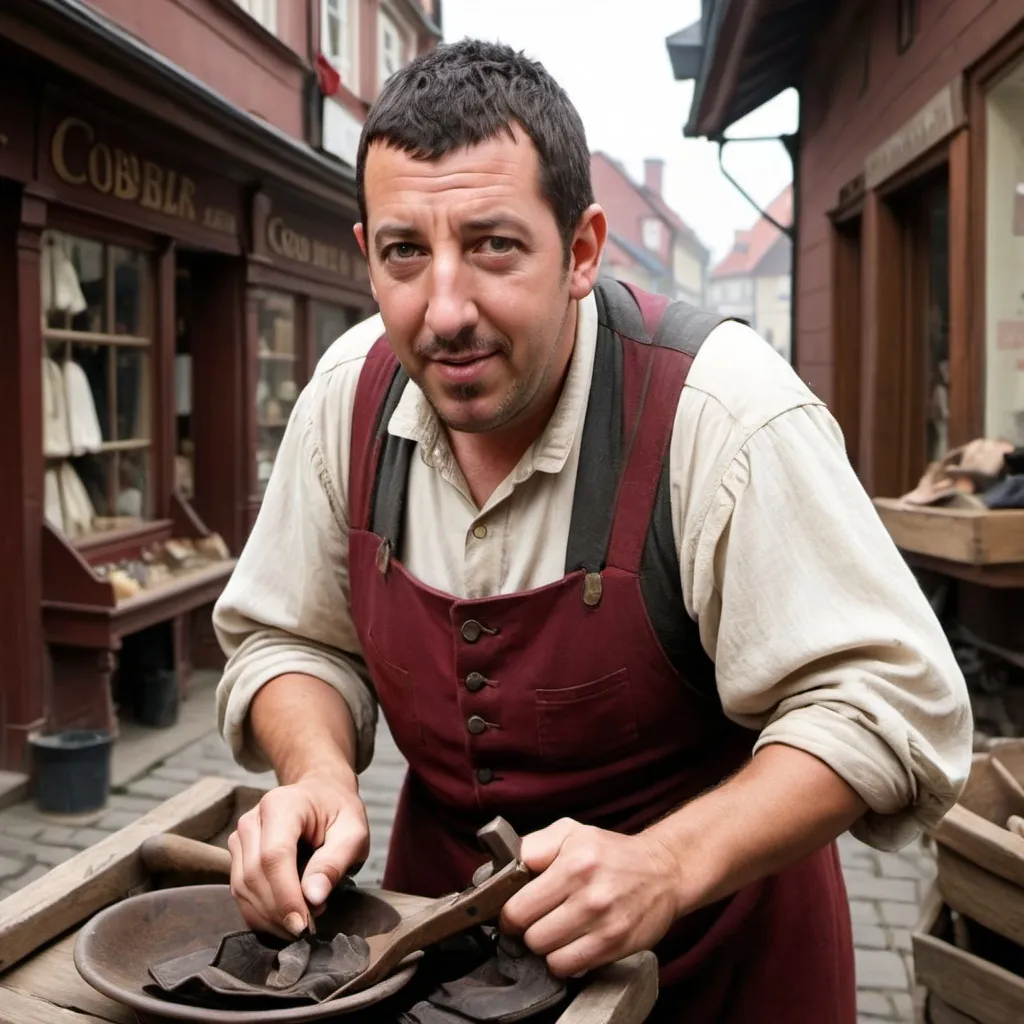 Prompt: Adam Sandler as a cobbler in Poland during Victorian times
