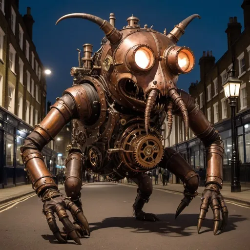 Prompt: A steampunk creature of horror that prowls the nights in London