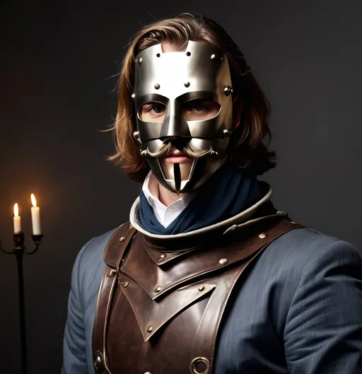 Prompt: Using this image, create an image where he is wearing an Iron Mask that shields the world from his mental powers. Or, at least, lessens them.
