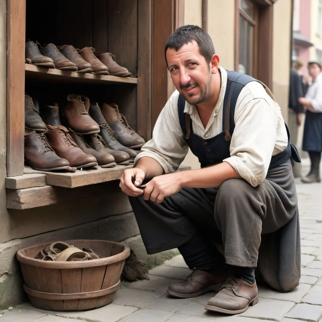 Prompt: Adam Sandler as a cobbler in Poland during Victorian times